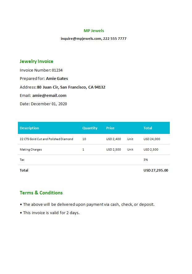 Jewelry Invoice Template PSD template